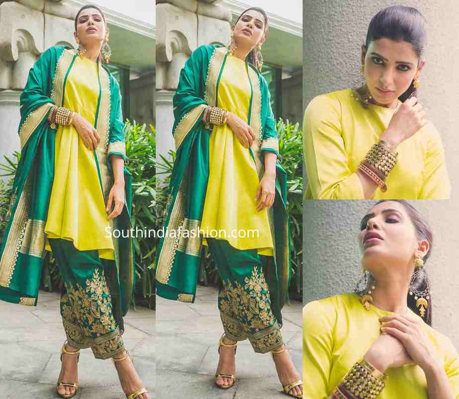 samantha akkineni in green and yellow raw mango salwar kameez (2)