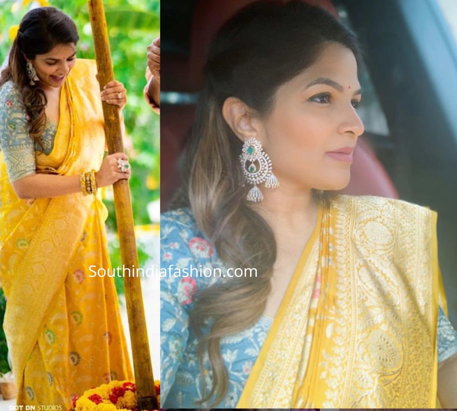 viranica manchu yellow banarasi silk saree at a wedding