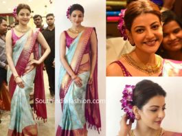 kajal aggarwal in blue silk saree at vidhatri shopping mall launch