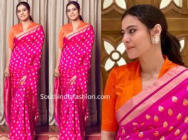 kajol in pink raw mango silk saree at tanhaji promotions