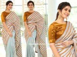 raashi khanna in striped saree at prathi roju panduge movie thanks meet