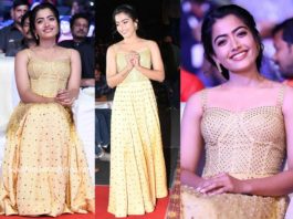 rashmika mandanna in yellow gown at sarileru neekevvaru pre release event