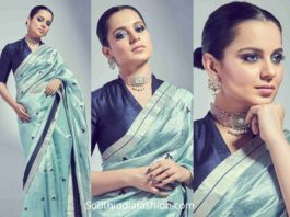 kangana ranaut light blue chanderi saree panga promotions (2)