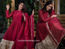 nivetha pethuraj in maroon anarkali