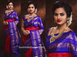 ramya pandian in red and blue kanjeevaram silk saree (2)