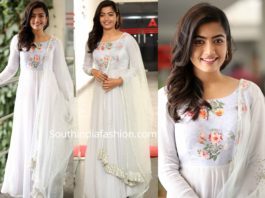 rashmika mandanna in white anarkali at sarileru neekevvaru promotions