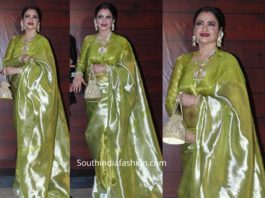 rekha in green tissue kanjeevaram saree at javed akhtar birthday party