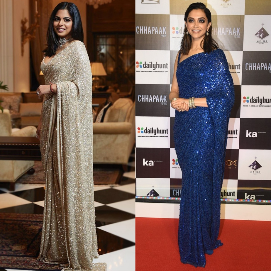 Isha Ambani and Deepika Padukone in Sabyasachi cocktail sarees