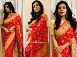 hebbah patel in red banarasi silk saree