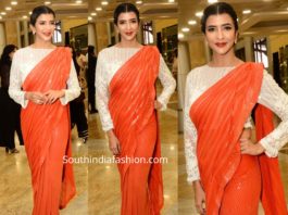 lakshmi manchu in coral color sequin saree at manish malhotra show blenders pride fashion