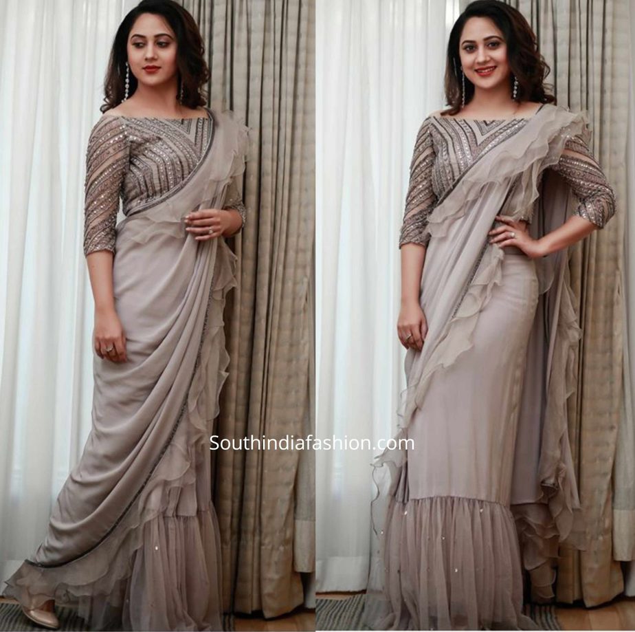 miya george in grey ruffle saree