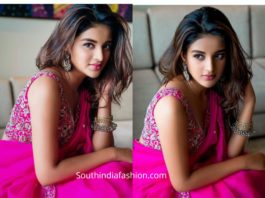 nidhhi agerwal in pink organza saree by issa studio