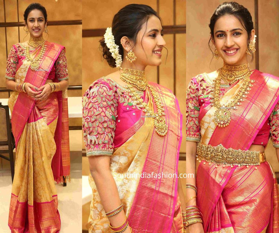 niharika konidela in gold pattu saree at manepally silver items launch (3)