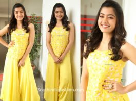 rashmika mandanna in yellow dress at bheeshma promotions