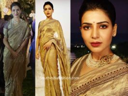 samantha akkineni in gold tissue saree at aditya akkineni wedding