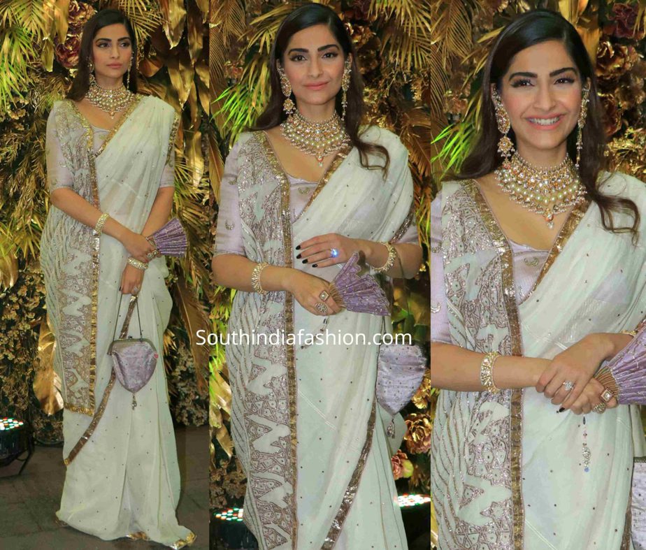 sonam kapoor in white saree at armaan jain wedding reception (2)