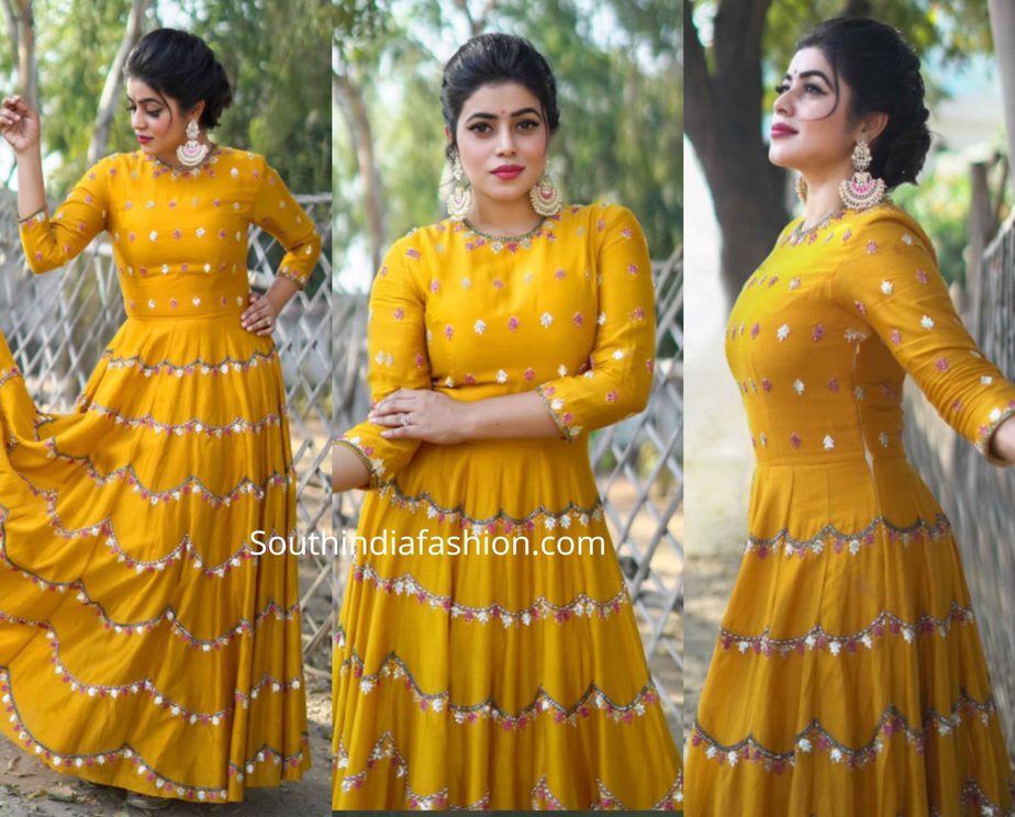 actress poorna mustard yellow gown