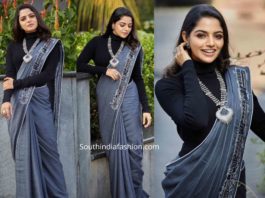 nikhila vimal grey saree with black t-shirt