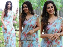 nikki galrani in blue floral saree at raajavamsam audio launch (3)