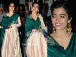 rashmika mandanna in cream anarkali with green dupatta at bheeshma thanks meet (3)