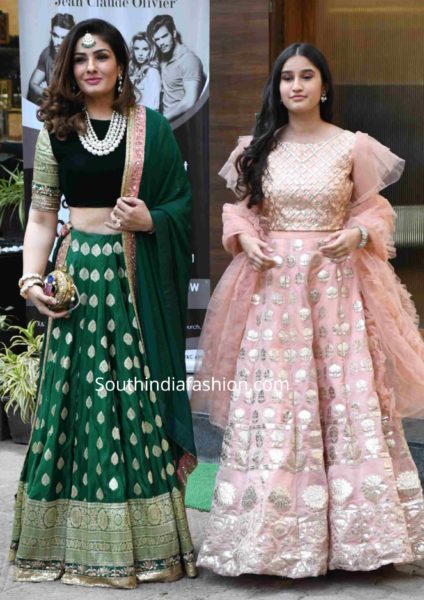 Raveena and her daughter in traditional lehengas at a family wedding