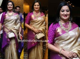 sumalatha in gold kanjeevaram saree at jayasudha son wedding reception