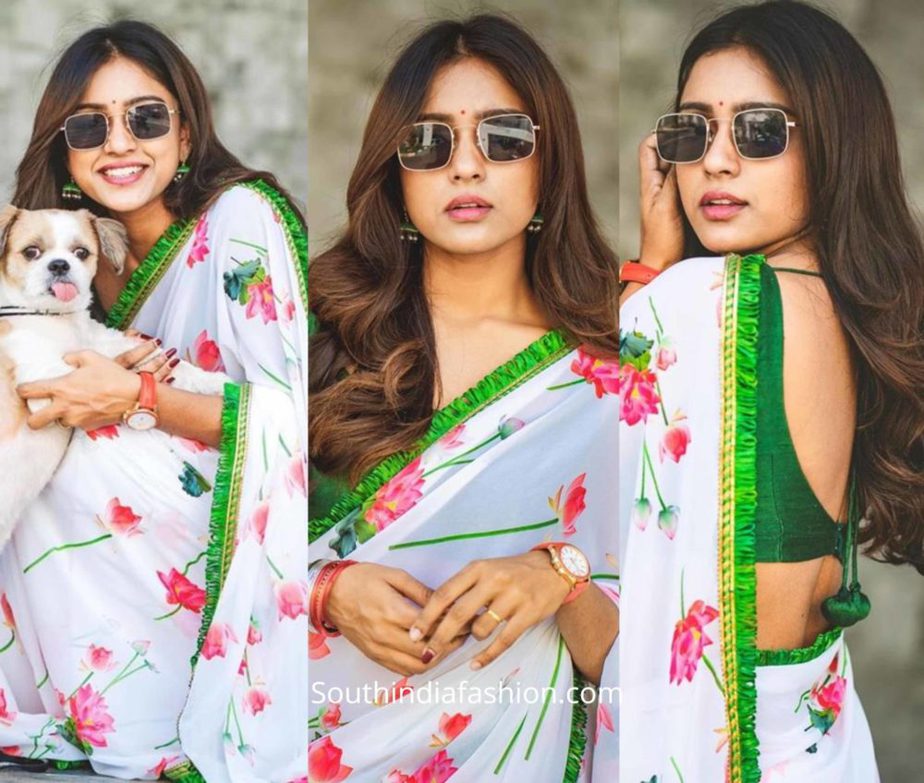 vithika sheru floral saree white color (2)