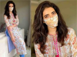 karishma tanna in gopi vaid kurta and mathcing mask