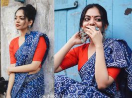 ahaana krishna in indigo blue cotton saree