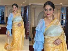 madhoo shah gold saree ruffle blouse