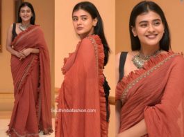 hebah patel in brown ruffle saree at orey bujjiga movie pre-release event (2)