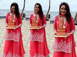 pragya jaiswal ganesh visarjan pink palazzo suit