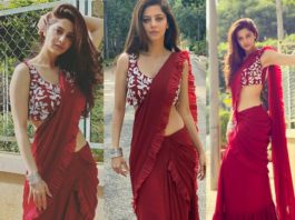 Actress vedhika in a maroon pleated saree