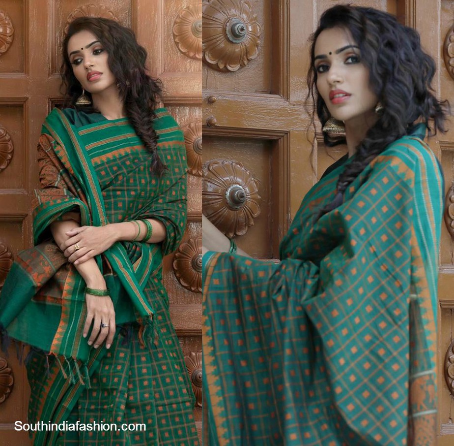 Akshara Gowda in green handloom cotton saree