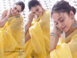 Amruta Khanvilkar in yellow chikankari saree