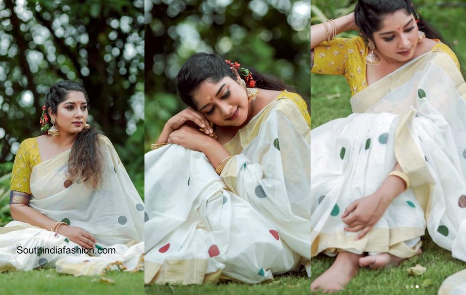 Anumol in a white kerala saree