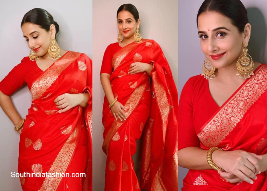 Vidya Balan in red woven banarasi silk saree