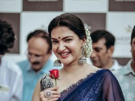 honey rose in blue saree by tanith design for an event2