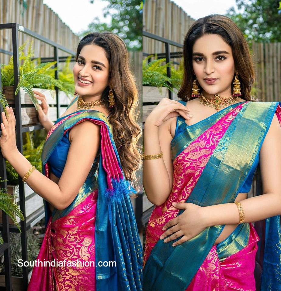 niddhi in traditional pink silk saree