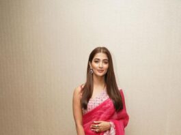 pooja hegde in a pink saree by devnaagri for acharya promotions0