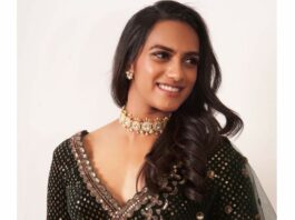 pv sindhu in deep green lehenga by vvani