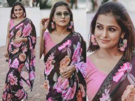 ramya nambeesan in black floral saree