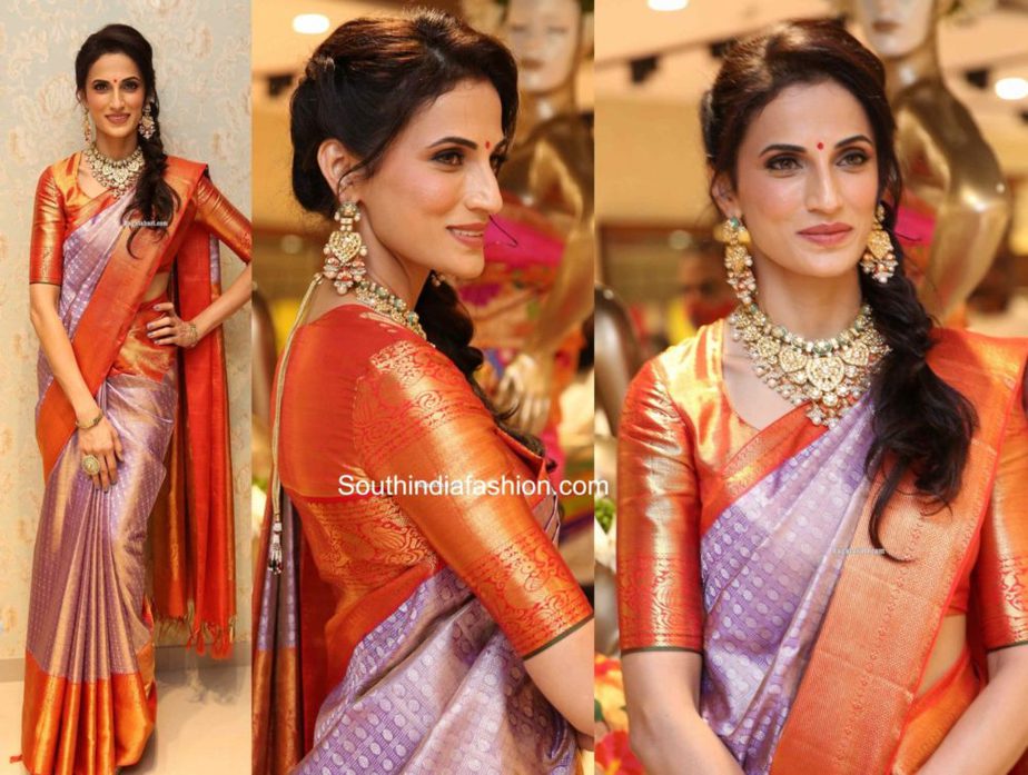 shilpa reddy in lavender kanjeevaram saree at vrk heritage store launch (3)