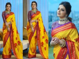 shrenu parikh in yellow floral print saree