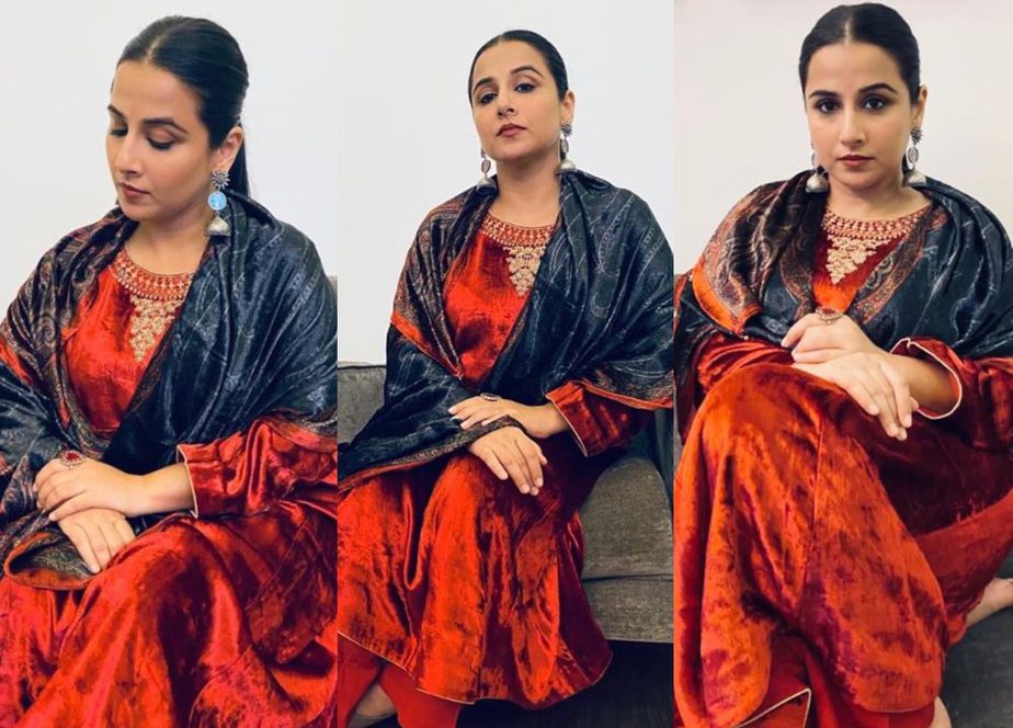 Vidya Balan wearing a red velvet collection