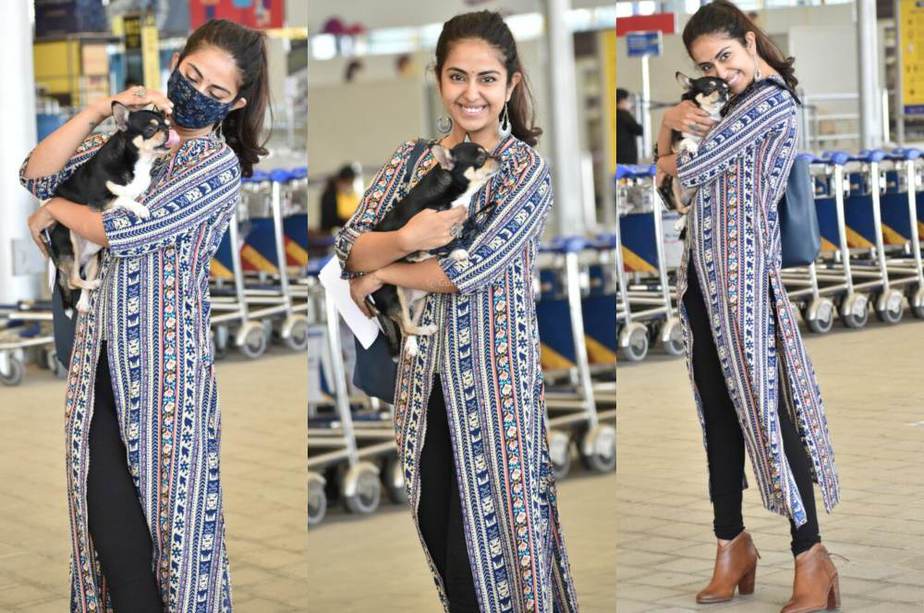 Avika gor in a front slit kurta papped at the airport