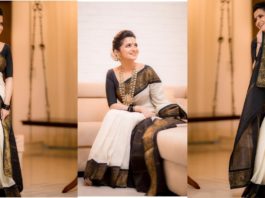 Dhivyadharshini in black and white saree by virupa