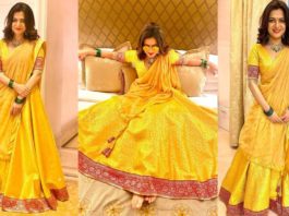 Dhivyadharshini in yellow lehenga by Suresh Menon