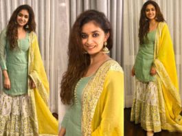 Keerthy Suresh in green and yellow kurta outfit for diwali