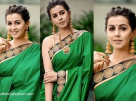 Nikki Galrani in green and gold traditional saree